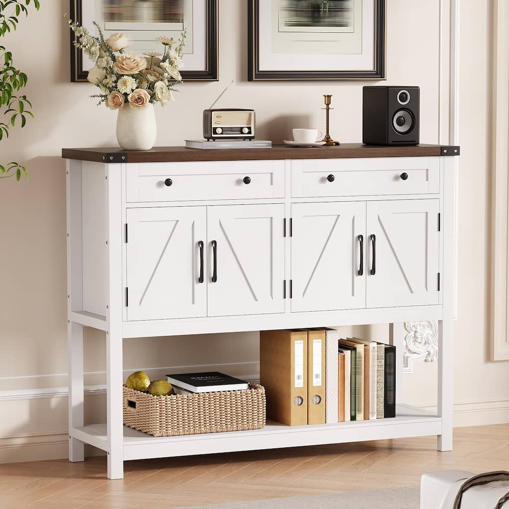 47.2" Buffet Sideboard Cabinet - Modern Farmhouse Storage Console Table with 2 Drawers & 4 Barn Doors, Coffee Bar