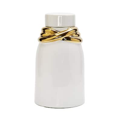White Ceramic Jar With Lid And Gold Details
