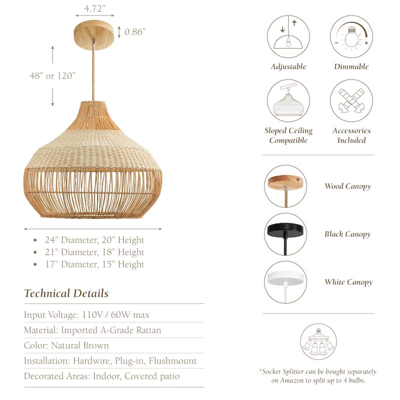 Beatrice Rattan Pendant Light - Natural Dome 1-Light Handwoven Hanging Light For Modern, Transitional, Farmhouse Room Decor