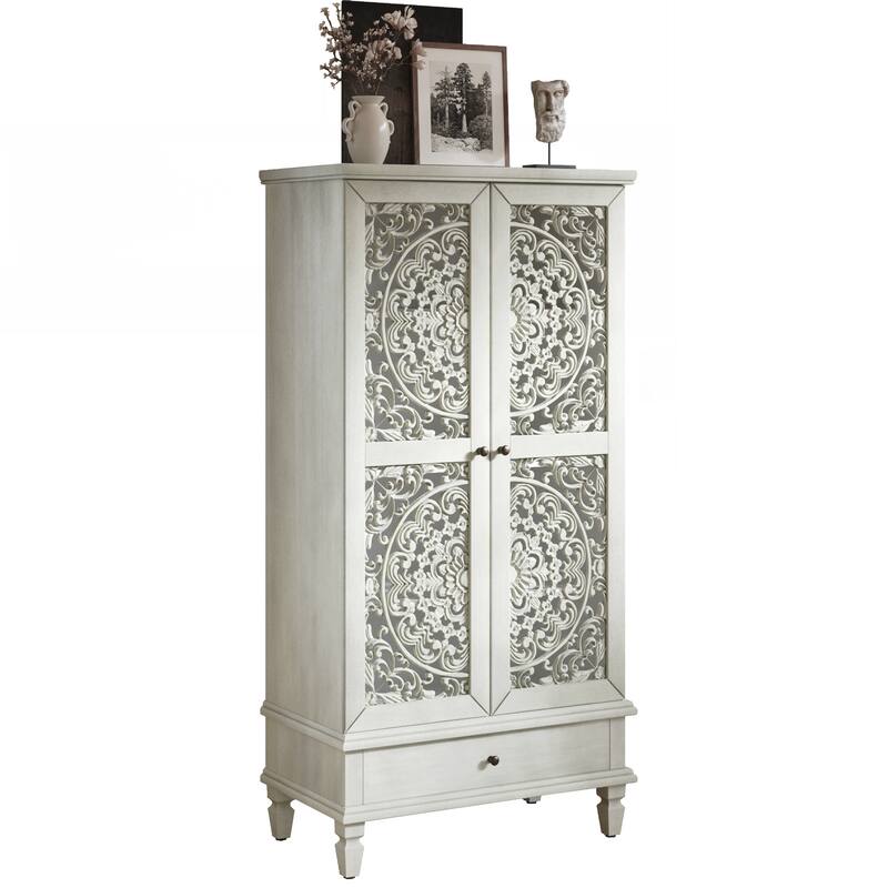 Tall Storage Cabinet with Drawer, Decorative 2-Door Carved Wood Accent Cabinet