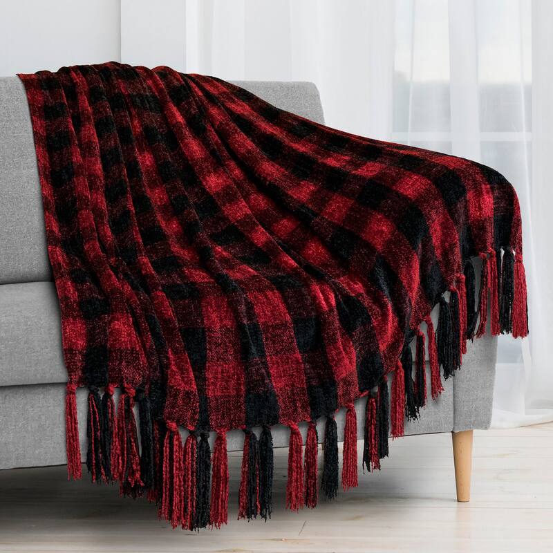 Chenille Knitted Throw Blanket Plaid Red/Black - Bed Bath & Beyond ...