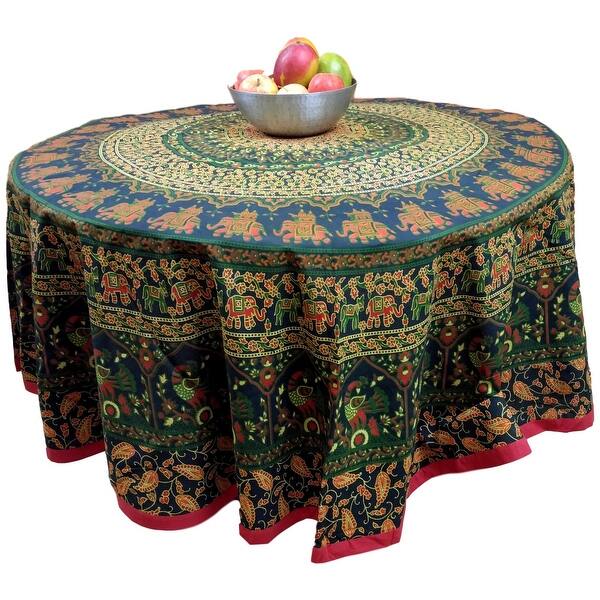 slide 6 of 7, Cotton Floral Elephant Jamboree Round Tablecloth Collection - 81 inches Blue Green Orange