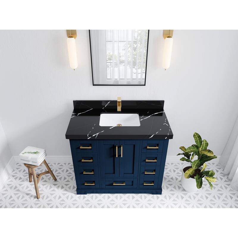 Willow Collection 42 in W x 22 in D x 36 in H Boston Single Bowl Sink Bathroom Vanity with Countertop - 2"Calacatta Black - Navy Blue