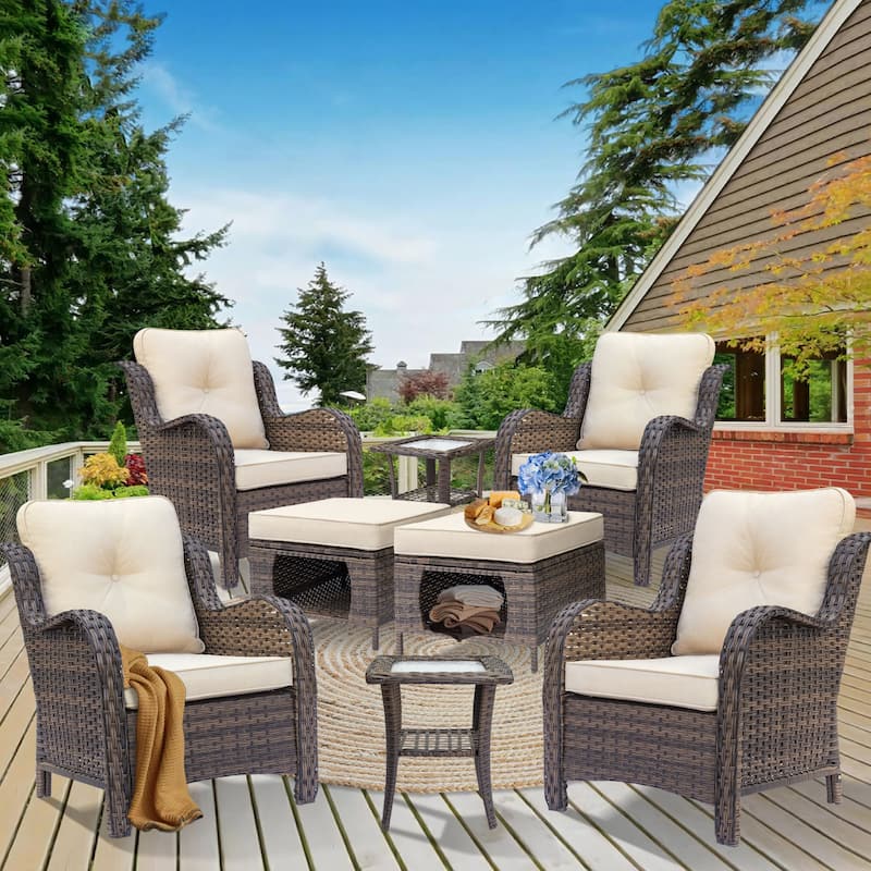 Outdoor Brown Wicker Patio Furniture Seating Sets with Beige Cushions - 8 Piece