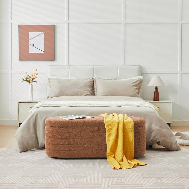 45" White Teddy Storage Ottoman Bench for Living Room Bedroom,Oval Sherpa Storage Bench Ottoman Foot Rest Anti-slip Legs