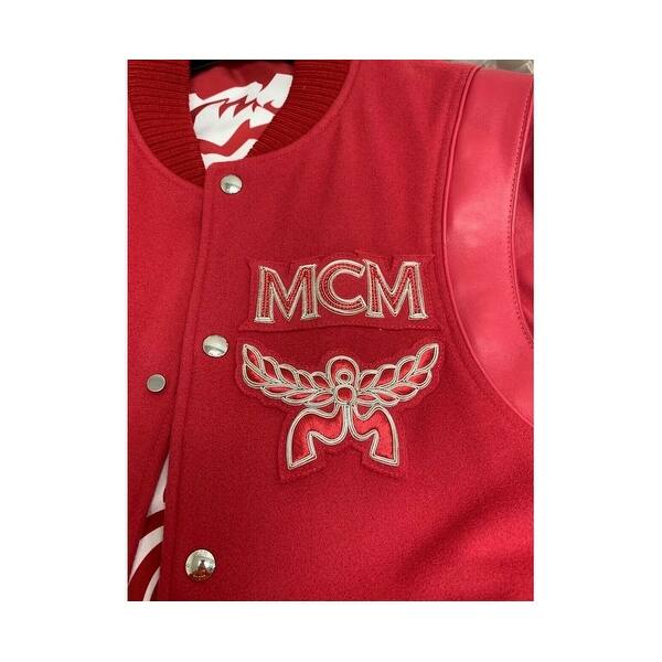 Shop Mcm Men S Ruby Red Leather Wool Cashmere Stadium Bomber