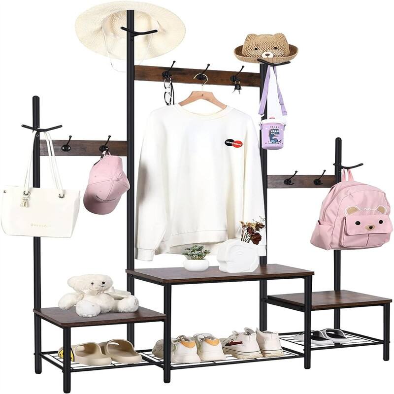 Hall Tree Entryway Bench with Coat Rack and Shoe Storage - 1+2 Rustic Brown + Black - 12.5"D x 40.5"W x 67.5"H