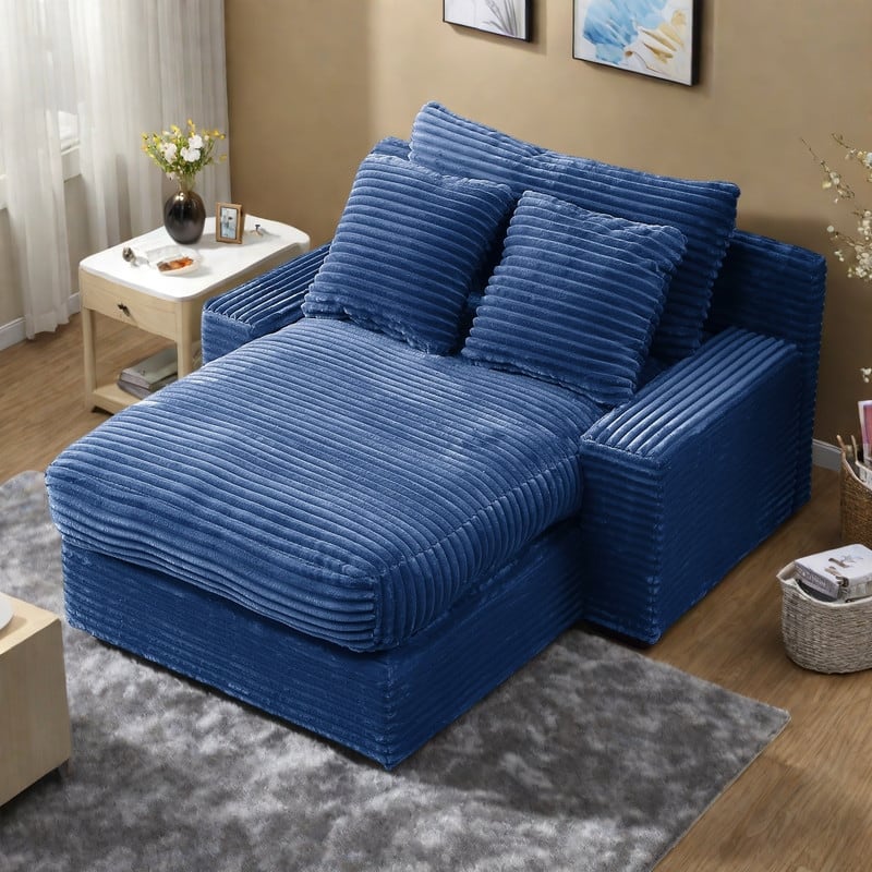 Corduroy Convertible Chair Bed with Removable Back Cushions and 350lb Capacity - Blue