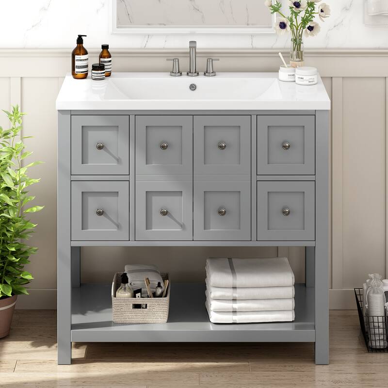 36'' Bathroom Vanity with Resin Sink Top, Free Standing Bathroom Storage Cabinet w/ 4 Drawers, 2 Soft Closing Doors & Open Shelf