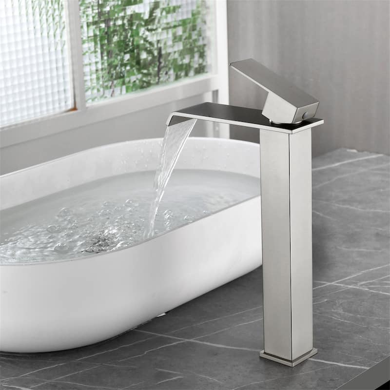 Waterfall Single Handle Bathroom Vessel Sink Faucet with Pop-up Drain 304 Stainless Steel 1 Hole High Tall Basin Vanity Faucets