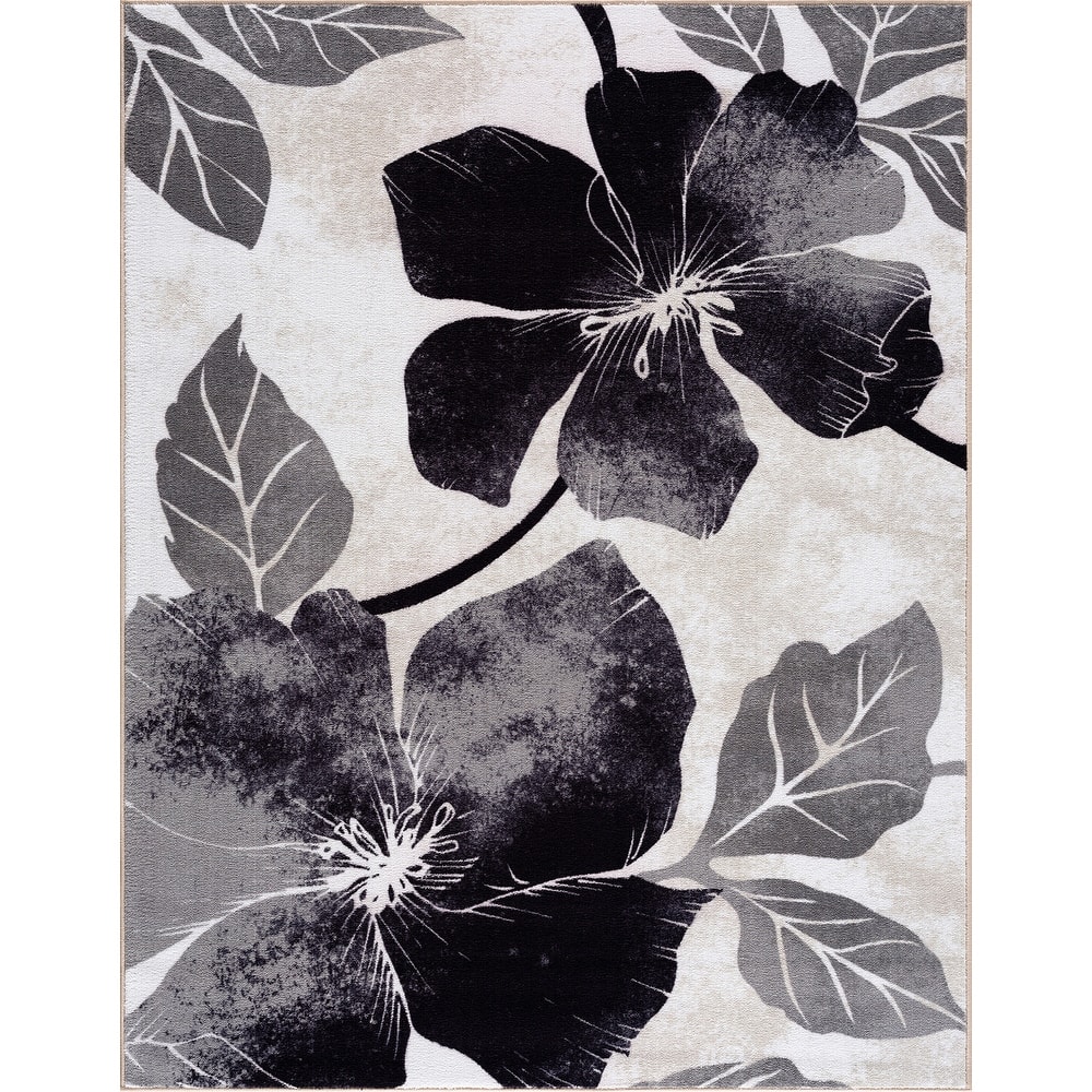 Bahamas Black White Floral Non-Slip Rubber Back Indoor Area Rug