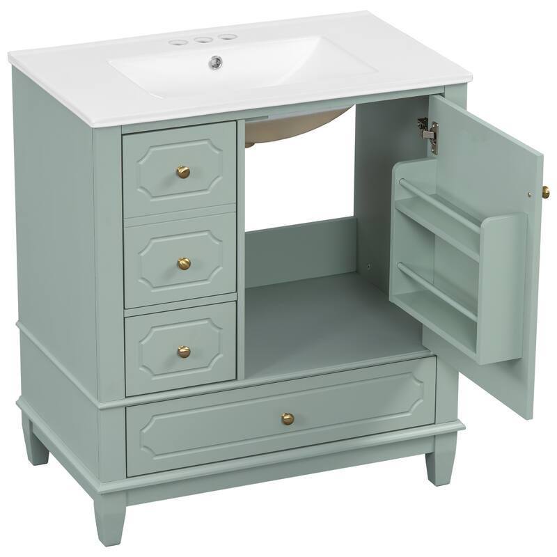 GDFStudio 30" Freestanding Bathroom Vanity with Ceramic Sink and Storage Drawers - 30" W x 18" D x 33.8" H