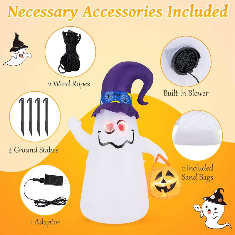 Costway 6 Ft Halloween Inflatables Cute Ghost with Jack-O-Lantern & - See Details