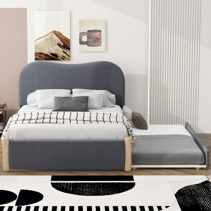 Full/Twin Upholstered Bed with Trundle and Berber Fleece Headboard, Easy Assembly