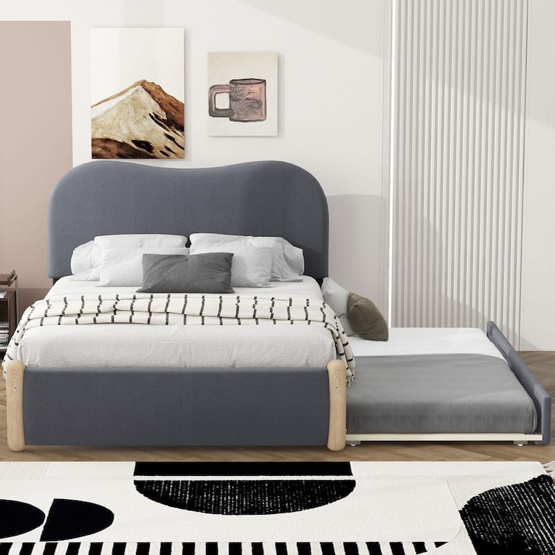 Nestfair Full Size Upholstered Platform Bed with Wood Supporting Feet and Twin Size Trundle