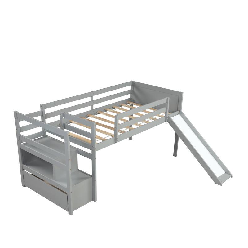 Wood Loft Bed for Kids, Twin Size Low Loft Bed Frame with Slide and Storage Staircase, Solid Wood Loft Bed Frame for Boys Girls