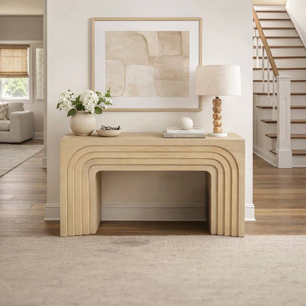 Kesna Console Sofa Table, 53 Inch Sculpted Arch, Light Beige Mango Wood