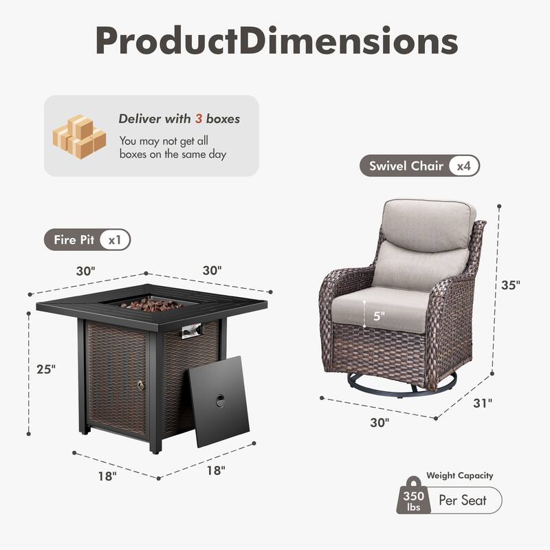 Meyreso 5-Piece Outdoor Patio Wicker Fire Pit 4 person Conversation Set with 5-Inch Thick Cushions