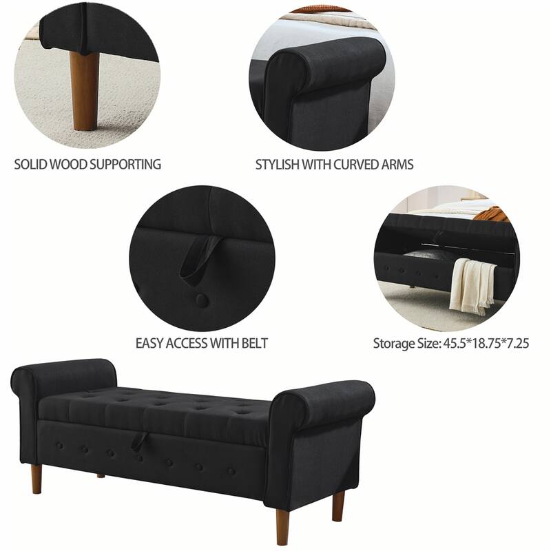62" Bedroom Tufted Button Storage Bench, Linen Upholstered Ottoman