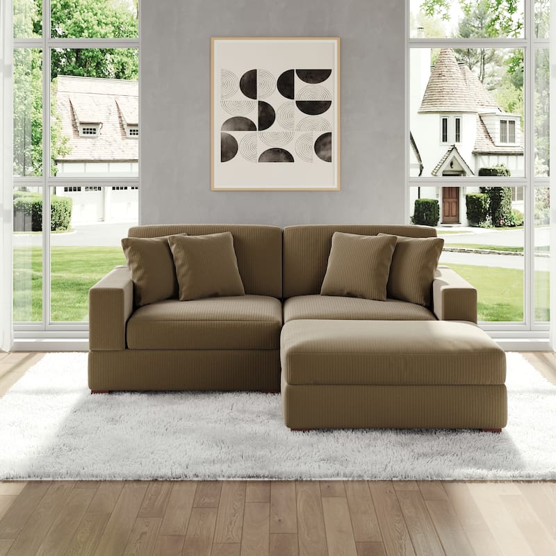 Modular Corduroy Sectional Sofa Set Chaise Couch with Ottoman - Camel-3 Piece