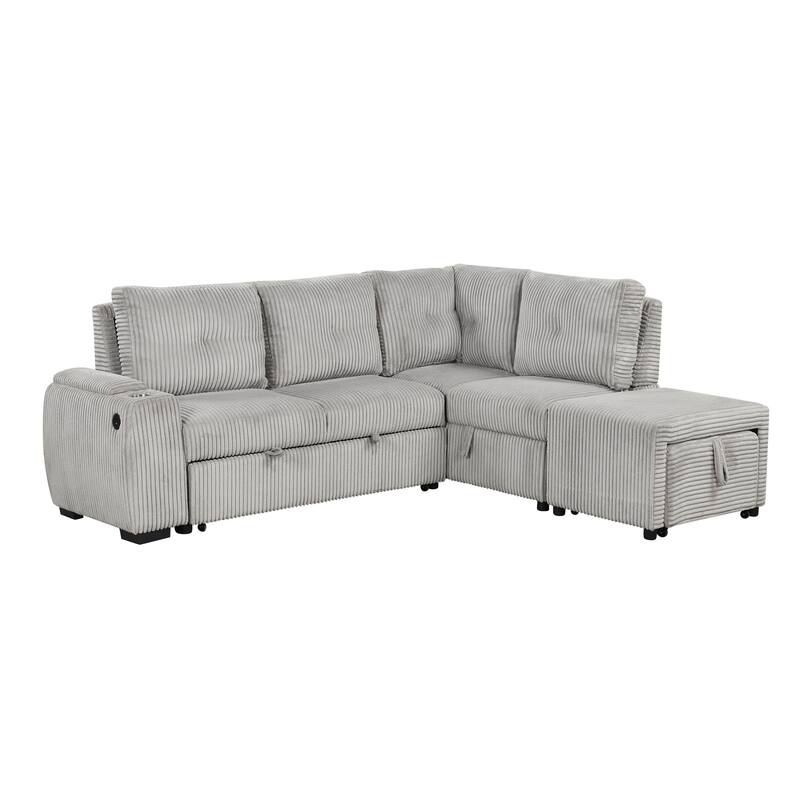 94" L-shaped Sectional Sofa Bed with Ottoman, Storage, Cup Holder & USB Ports (Light Grey Corduroy)