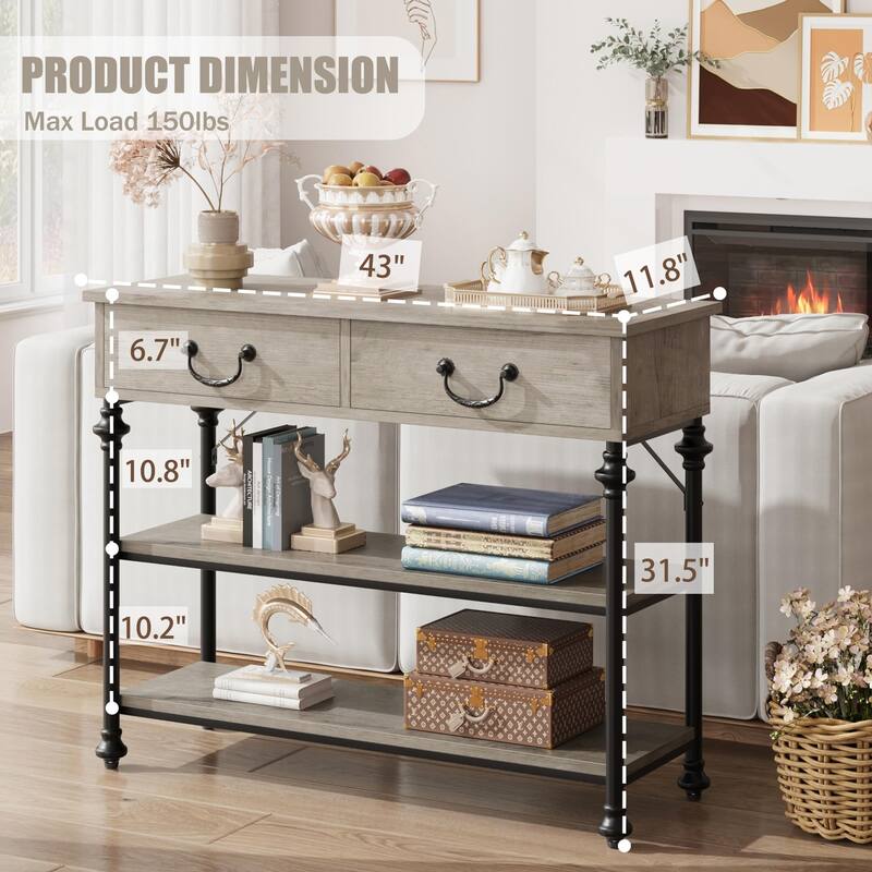 2-tier Farmhouse Console Table Narrow Entryway Table with Storage - 11.8"D x 43"W x 31.5"H