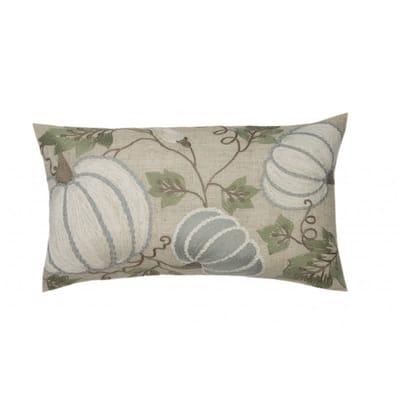 12" X 20" Beige and Green Thanksgiving Pumpkin Linen Blend Zippered Pillow With Embroidery