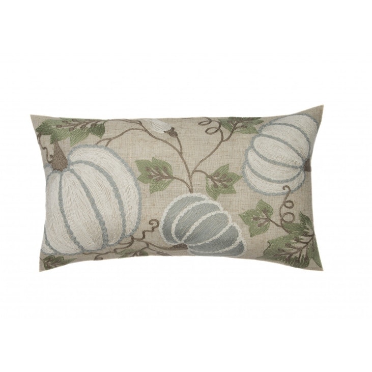 12" X 20" Beige and Green Thanksgiving Pumpkin Linen Blend Zippered Pillow With Embroidery