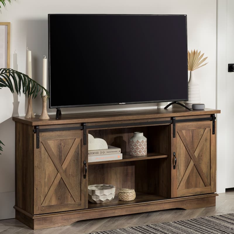 Farmhouse Grey Wash TV Stand with Sliding Barn Doors for TVs up to 65 Inches