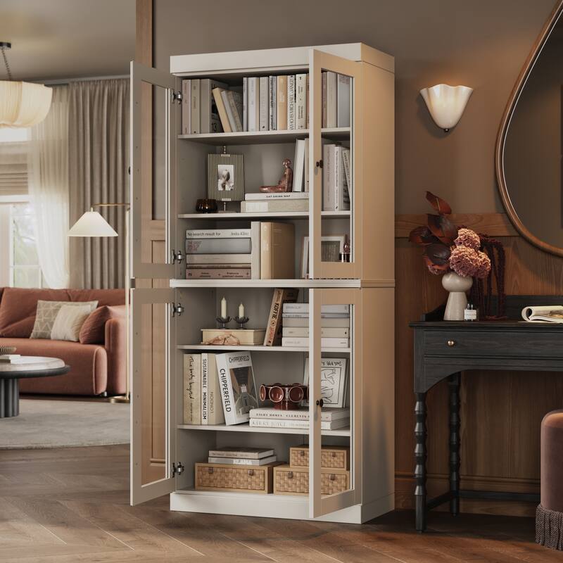 100% Solid Wood Tall Bookcase with Glass Doors, Adjustable Shelves, Modular Storage Bookshelf, 32" W x 71.5" H