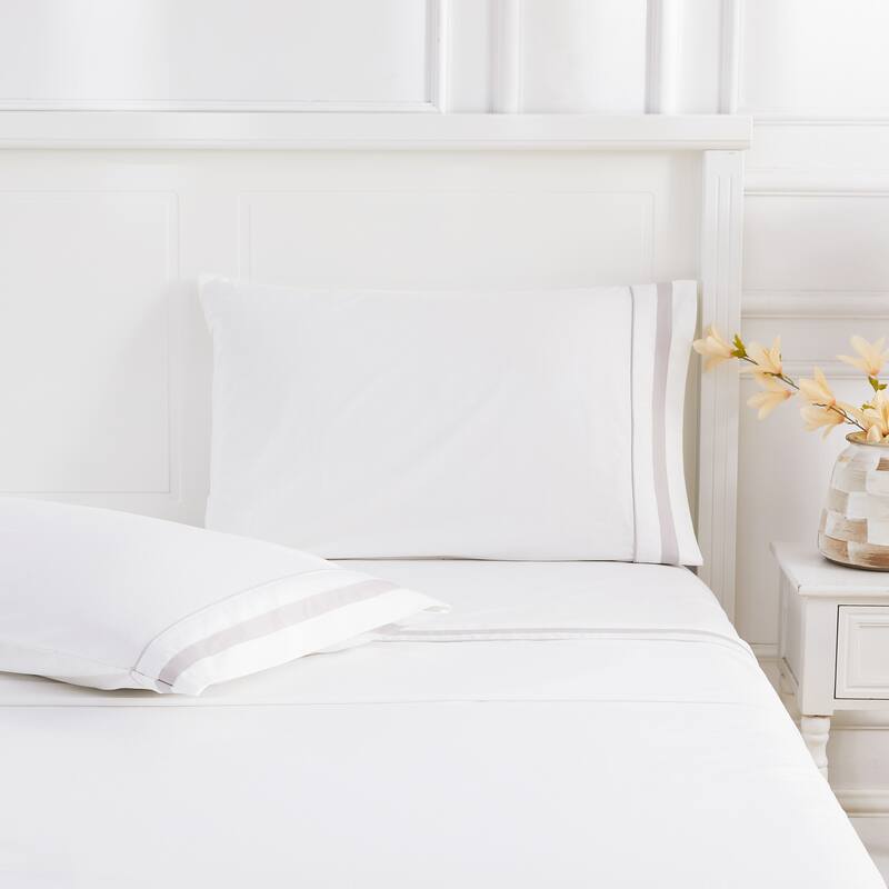 Percale Cotton Hotel Piping Embroidered Crisp Sheet Set