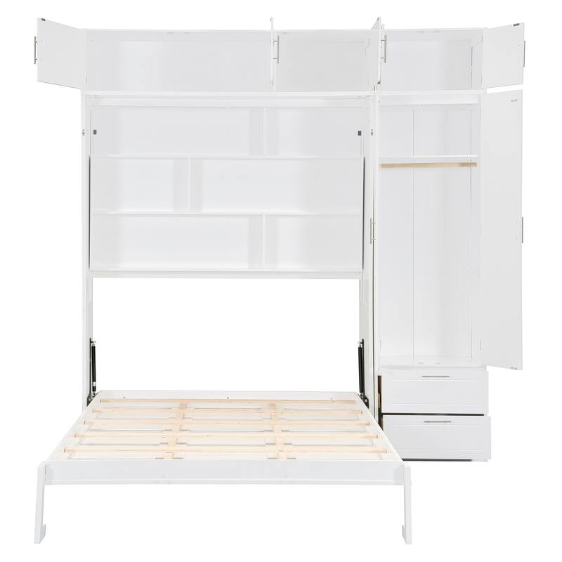 Queen Size Murphy Bed with Cabinet & Wardrobe - Space Saving Wall Bed with Shelves, Foldable Bed for Small Rooms & Home Office