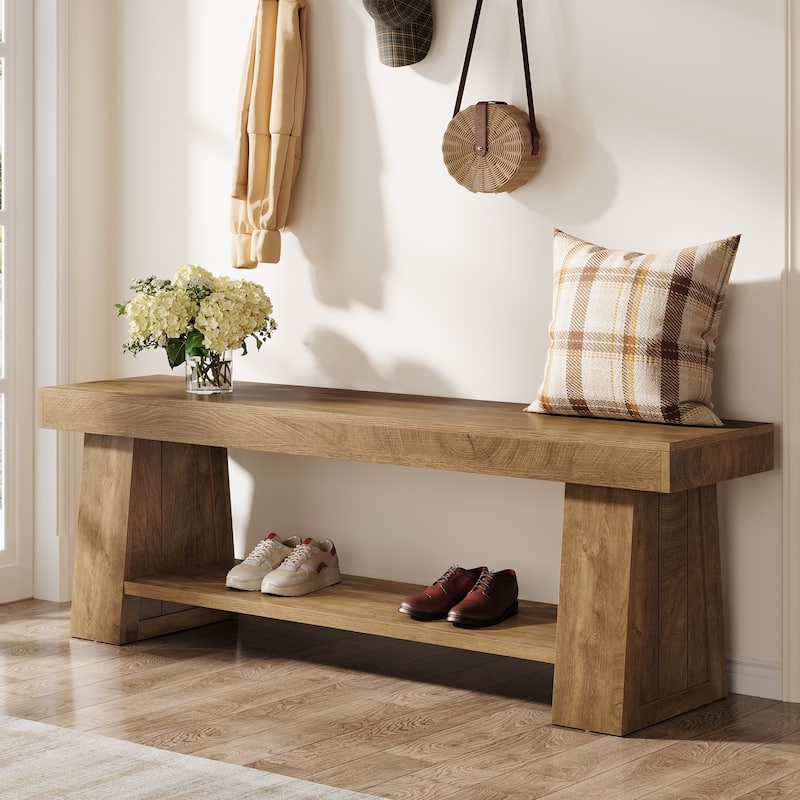 63" Wooden Entryway Bench with Storage Shelf, Extra Long Bench, Hallway Bench for Living Room, Bedroom, Kitchen