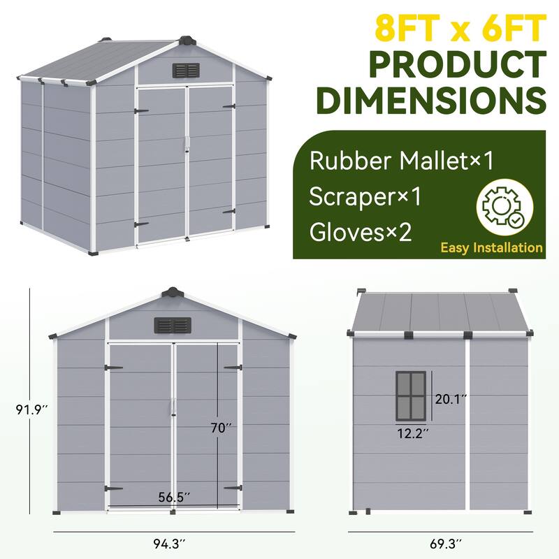EROMMY Outdoor Storage Shed with Built-In Floor, Lockable Double Doors & Sloped Roof, Gray/Black