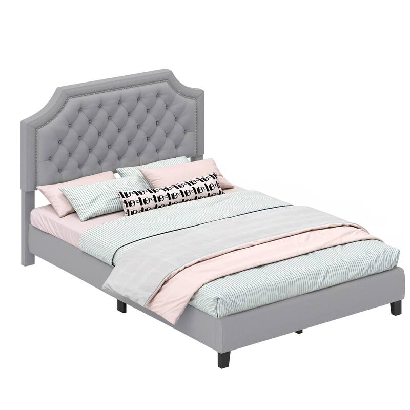 Moasis Linen Upholstered Platform Bed Velvet Bed Frame with Adjustable Headboard - Grey - Full