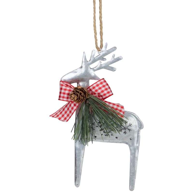 6.25" Silver Metal Reindeer Christmas Ornament with a Gingham Bowtie and Pine - Red