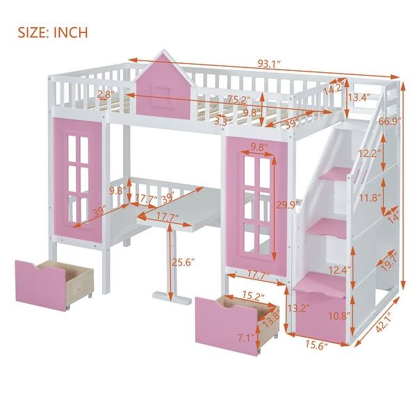 dimension image slide 0 of 2, Impression & Elegant Twin over Twin Bunk Bed Turn into Upper Bed and Down Desk, Changeable Table, Fun Place For Kids, White