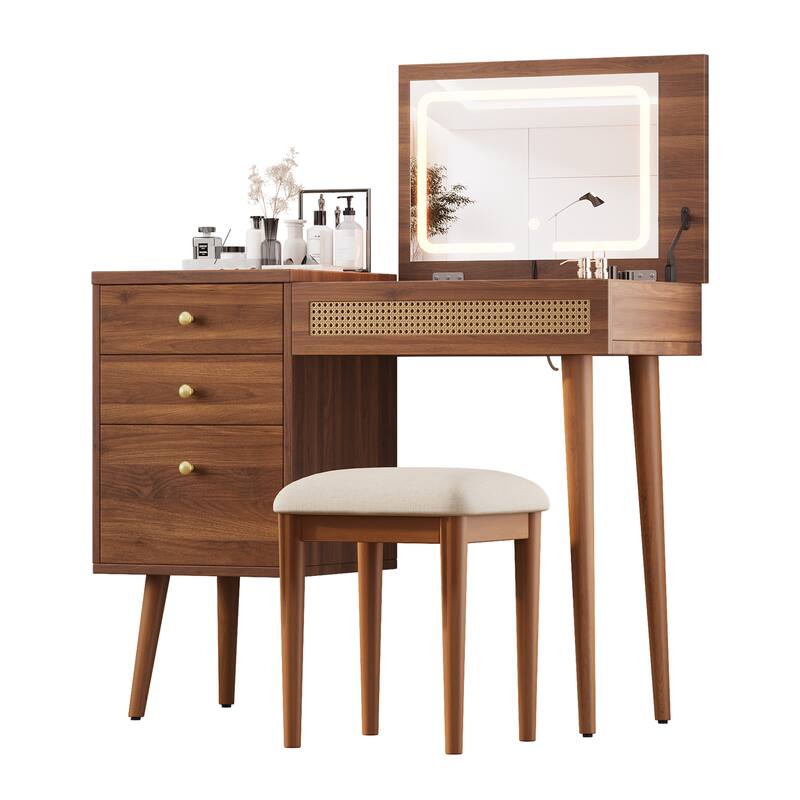 Bohemian Rattan Makeup Vanity Set with Stool, Wooden Vantiy Desk Walnut Dressing Table with Flip-Top Mirror & 3 Drawers