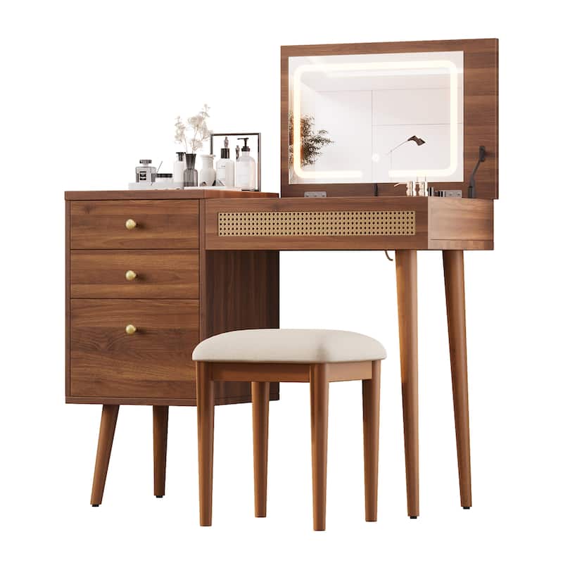 Retro Bohemian Style Vanity, Vantiy Desk with Mirror and LED Lights