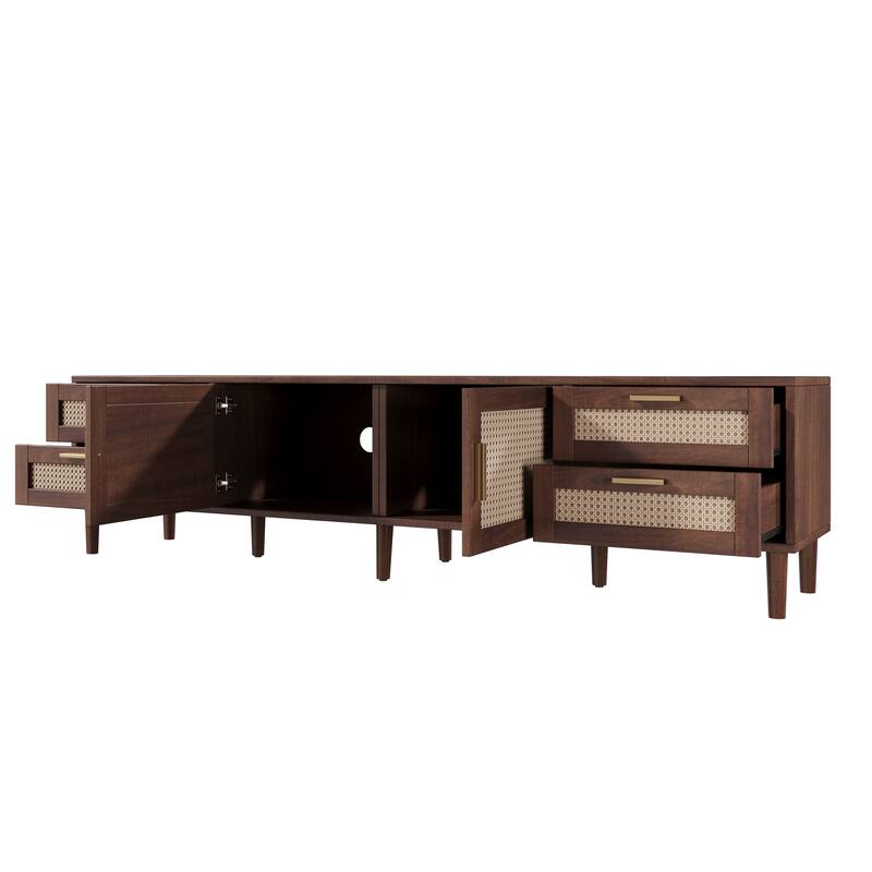 Anmytek Rattan TV Stand Media Console 78 Inch Wood Woven Storage Coastal Boho Living Room Entertainment Center
