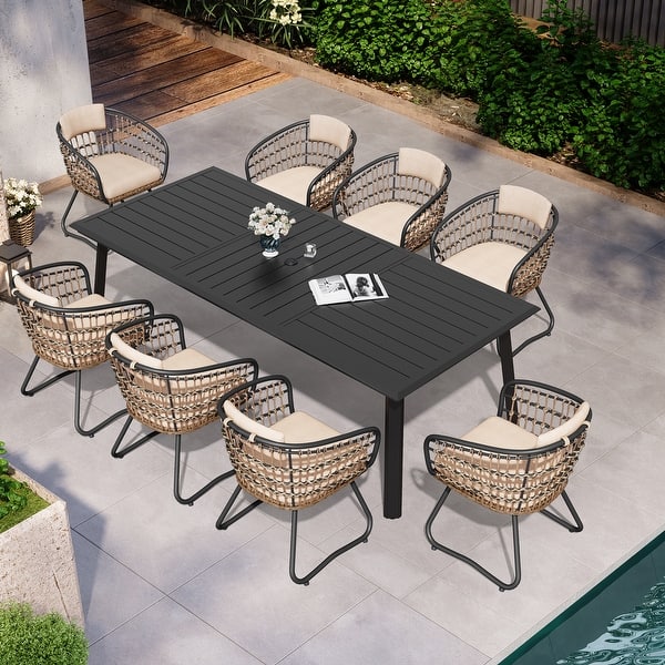 slide 2 of 19, 9PC Patio Outdoor Aluminum Dining Table Sets with Umbrella Hole with Rattan Chair Table-Black&Chair-Beige