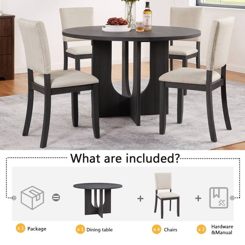 Modern Round Dining Table Set with 4 Upholstered Chairs, for Living Room, Kitchen Dining Room, 5-Piece Set