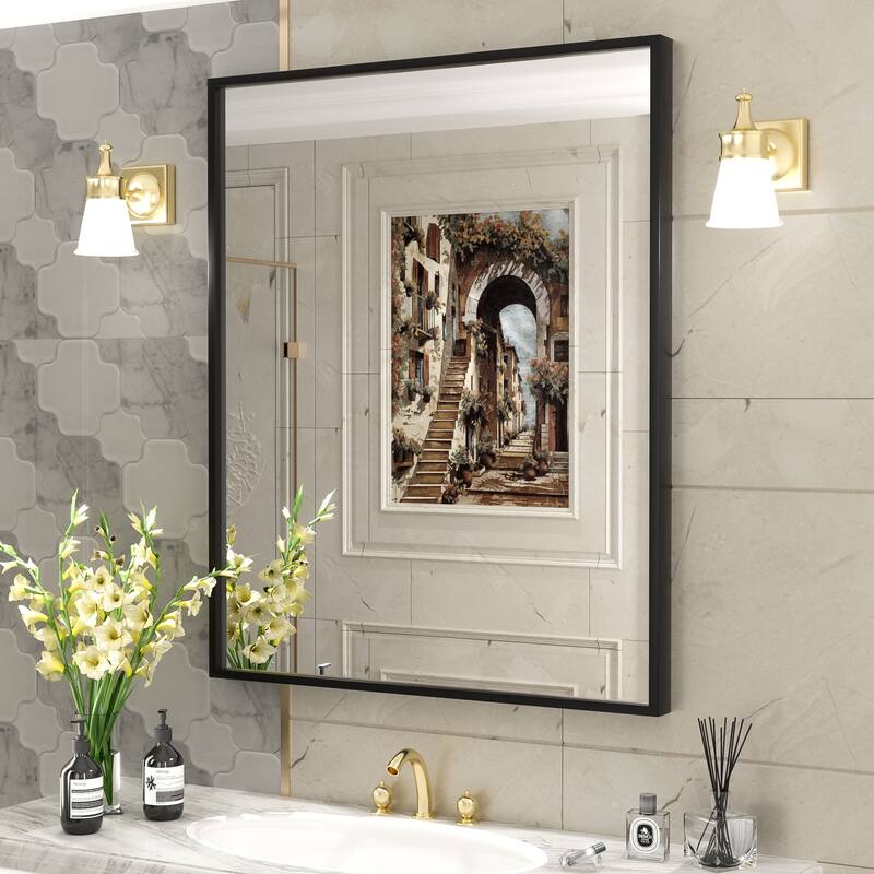 Aluminum Alloy Framed French Cleat Mounted Tempered Glass Wall Vanity Mirror - 36" x 30"