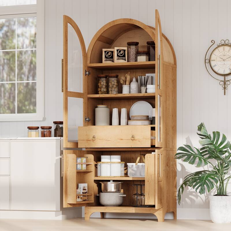 Anmytek Natural Wood Storage Cabinet Arched Glass Door Pantry Display Farmhouse Rustic Kitchen Hutch