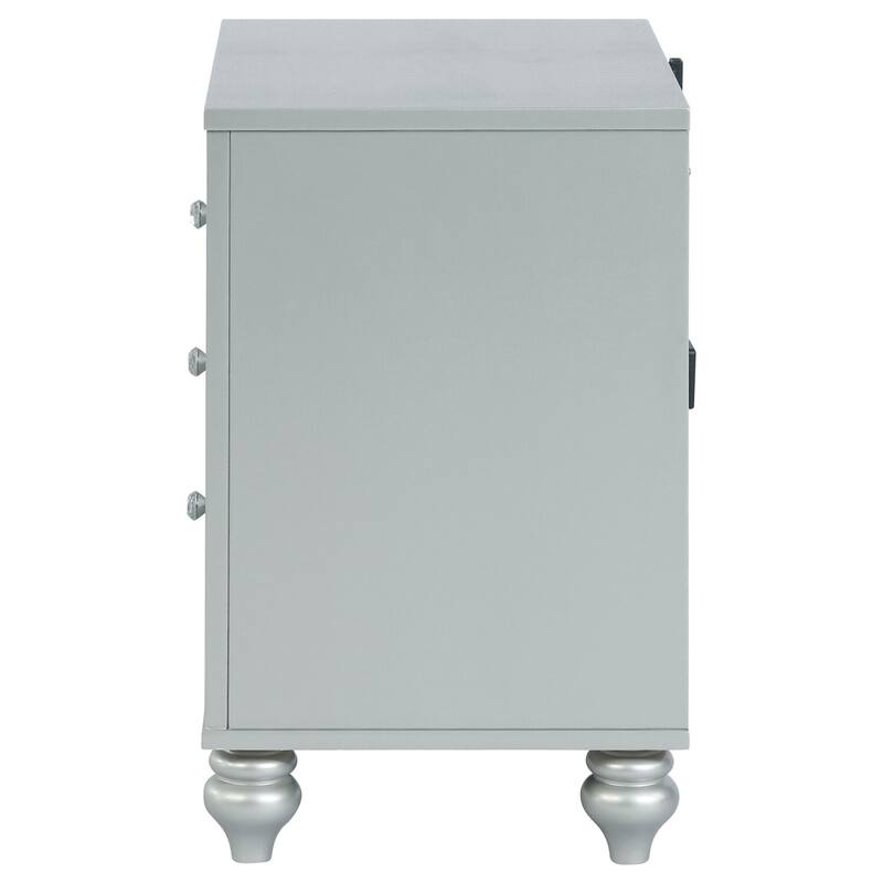 Silver Metallic 2-Drawer Nightstand with Crystal Pulls, Fretwork Details, Felt Lined Drawer and USB Ports