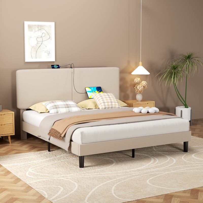 VECELO Adjustable Upholstered Split Headboard Bed Frame with Charging Station USB Port Type C No Box Spring Needed Noiseless Bed