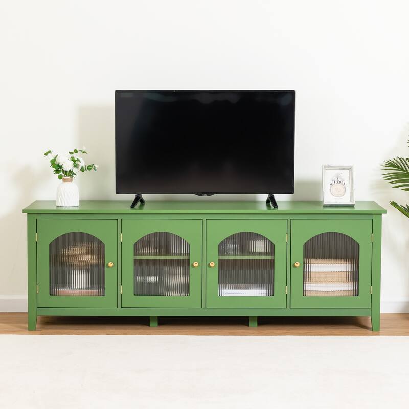 Stylish TV Stand with 4 Glass Doors, TV Console Table Entertainment Center w/ Storage Shelves, Modern TV Cabinet for Living Room - Antique Green