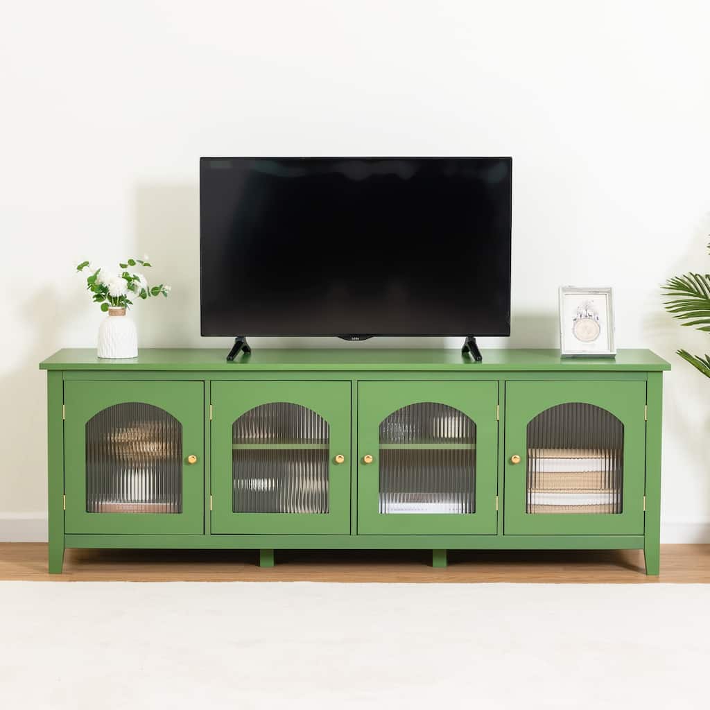 Stylish TV Stand with 4 Glass Doors, TV Console Table Entertainment Center w/ Storage Shelves, Modern TV Cabinet for Living Room