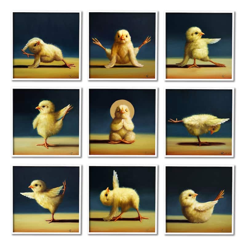 Stupell Yoga Chicks Funny Farm Animals Tranquil Stretching Birds 9pc Multi Piece Framed Wall Art Set - Multi-Color - White