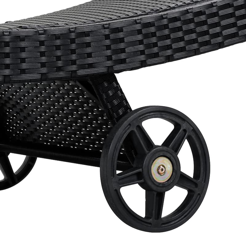 80"Patio Chaise Lounge Chairs Set of 2, Rattan Reclining Chair w/Rolling Wheels & Pull-out Side Table, Adjustable Backrest